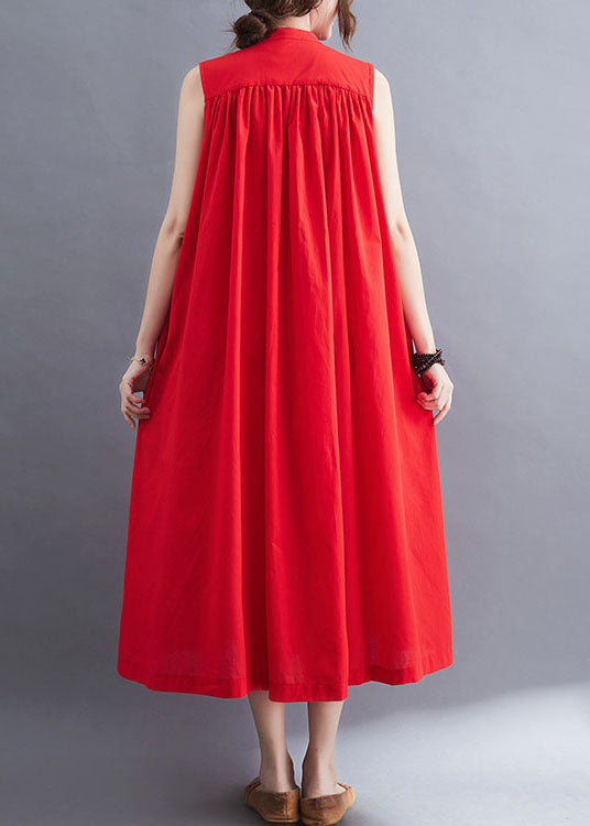 French Red O-Neck Wrinkled Cotton A Line Dresses Sleeveless LY0673