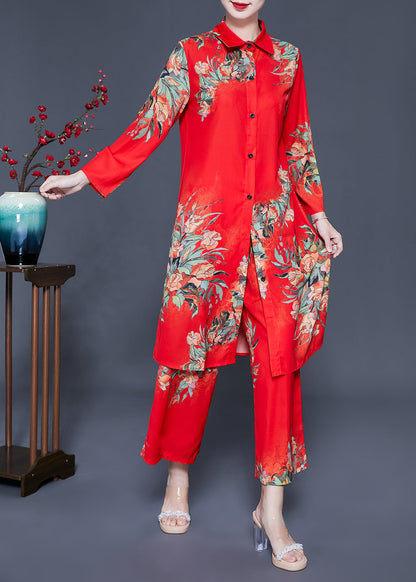 French Red Peter Pan Collar Print Chiffon Women Sets 2 Pieces Summer LY0921