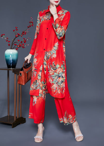 French Red Peter Pan Collar Print Chiffon Women Sets 2 Pieces Summer LY0921