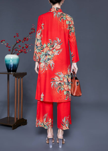 French Red Peter Pan Collar Print Chiffon Women Sets 2 Pieces Summer LY0921