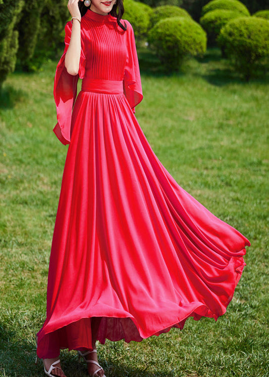 French Red Turtleneck Wrinkled Slim Silk Long A Line Dress Summer LY1718