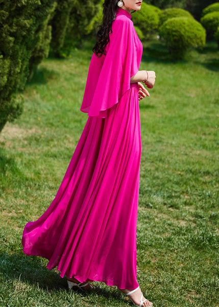 French Red Turtleneck Wrinkled Slim Silk Long A Line Dress Summer LY1718