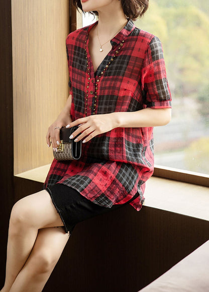 French Red V Neck Plaid Rivet Patchwork Cotton Shirts Summer TQ1028