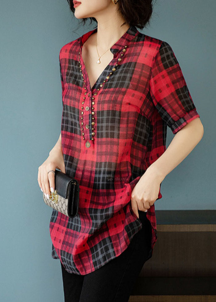 French Red V Neck Plaid Rivet Patchwork Cotton Shirts Summer TQ1028