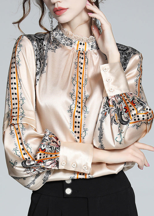 French Stand Collar Print Lace Patchwork Silk Shirt Spring LY0132