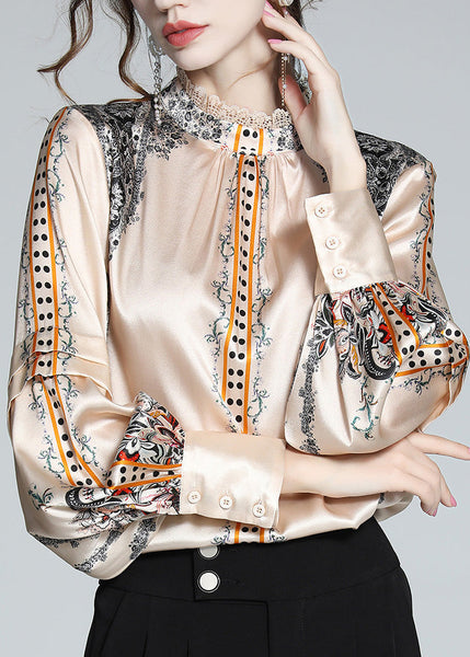 French Stand Collar Print Lace Patchwork Silk Shirt Spring LY0132