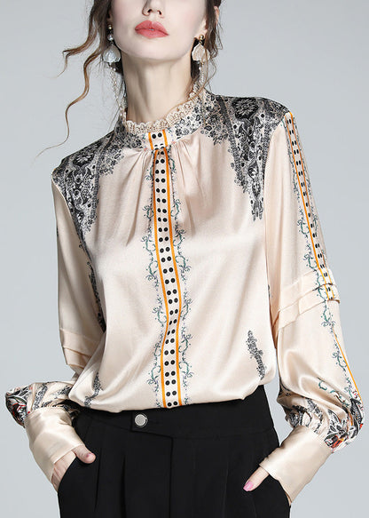 French Stand Collar Print Lace Patchwork Silk Shirt Spring LY0132