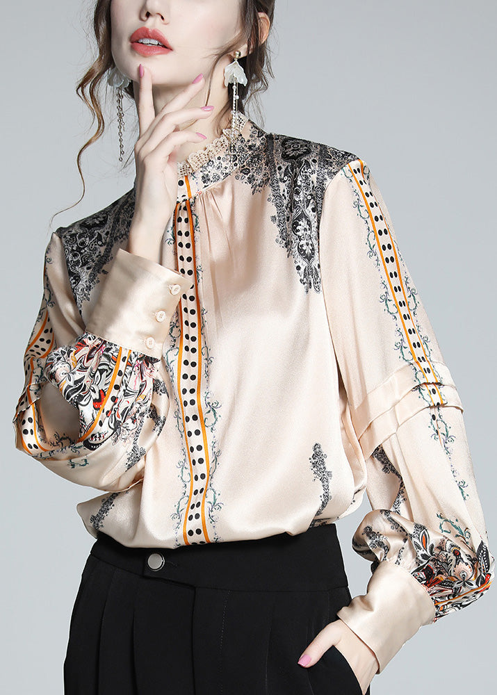 French Stand Collar Print Lace Patchwork Silk Shirt Spring LY0132
