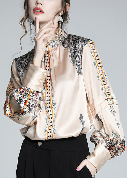 French Stand Collar Print Lace Patchwork Silk Shirt Spring LY0132
