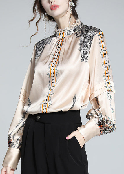 French Stand Collar Print Lace Patchwork Silk Shirt Spring LY0132