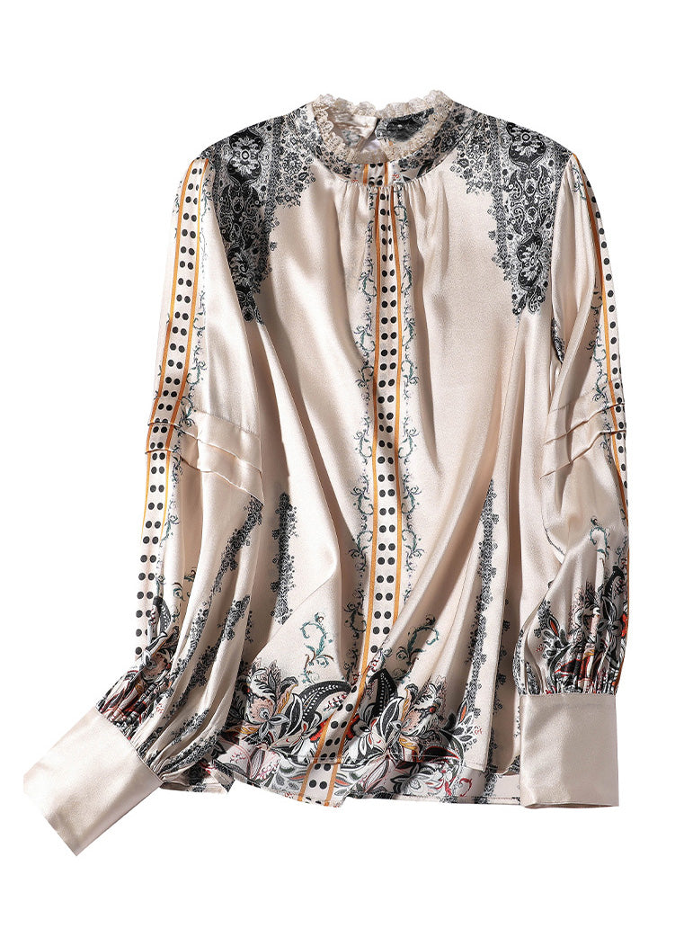 French Stand Collar Print Lace Patchwork Silk Shirt Spring LY0132