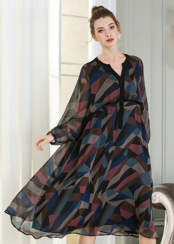 French V Neck Ruffled Patchwork Print Chiffon Maxi Dress Spring LY0314