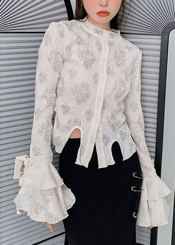 French White Asymmetrical Print Cotton Top Flare Sleeve LY0760