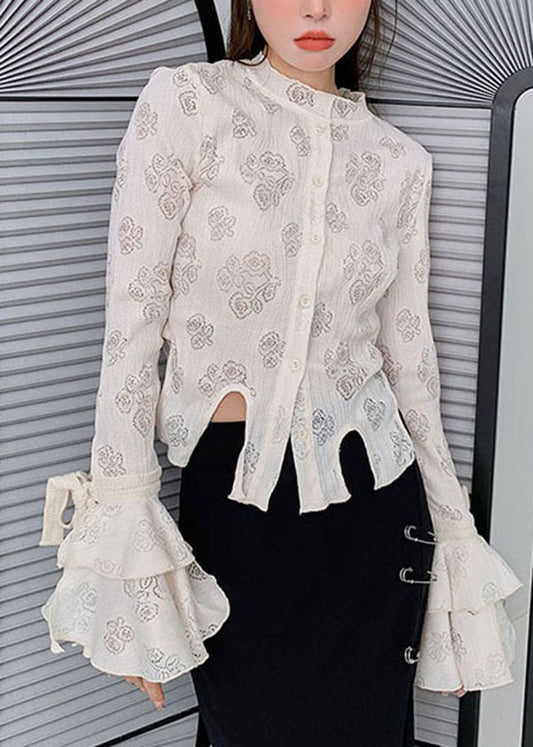 French White Asymmetrical Print Cotton Top Flare Sleeve LY0760