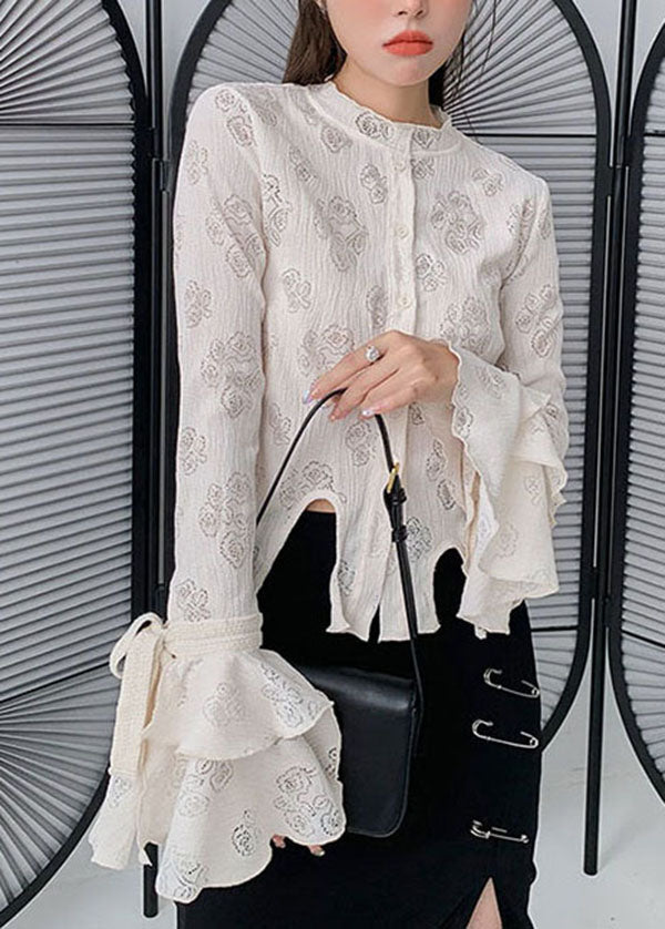 French White Asymmetrical Print Cotton Top Flare Sleeve LY0760