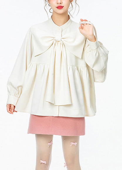 French White O-Neck Wrinkled Bow Solid Shirt Spring LY0801