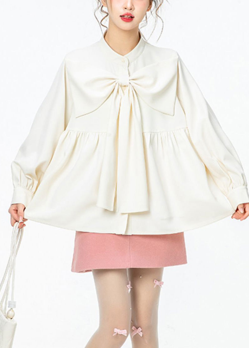 French White O-Neck Wrinkled Bow Solid Shirt Spring LY0801