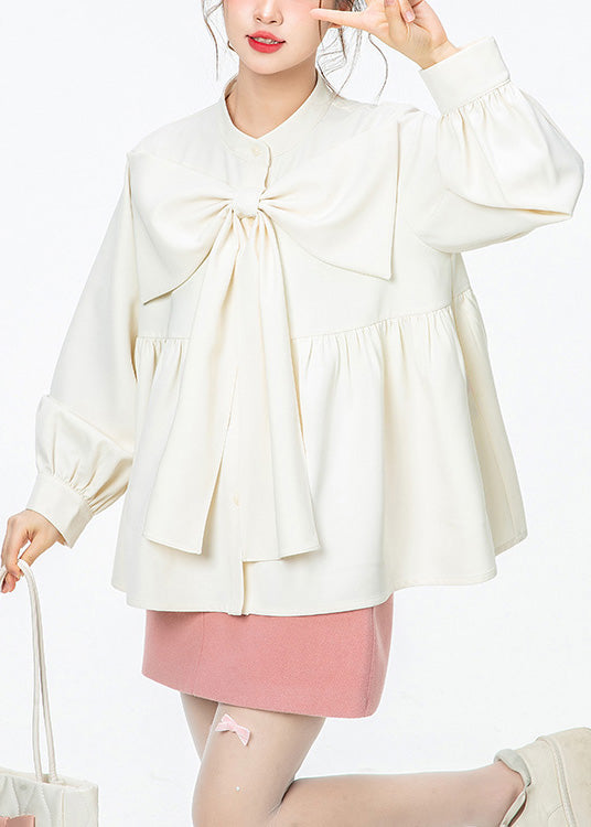 French White O-Neck Wrinkled Bow Solid Shirt Spring LY0801