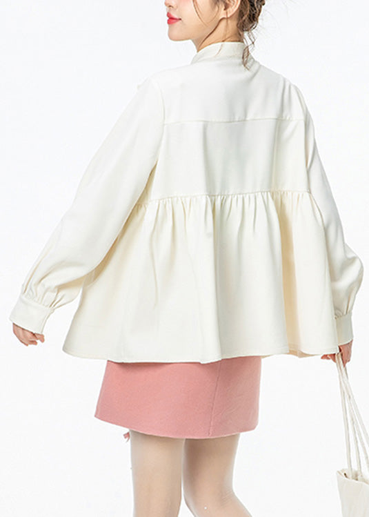 French White O-Neck Wrinkled Bow Solid Shirt Spring LY0801