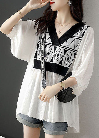 French White V Neck Knit Patchwork Cotton Fake Two Piece Shirt Top Half Sleeve LY1480