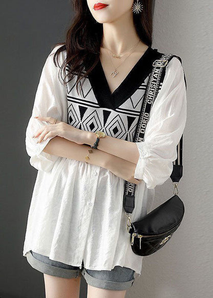 French White V Neck Knit Patchwork Cotton Fake Two Piece Shirt Top Half Sleeve LY1480