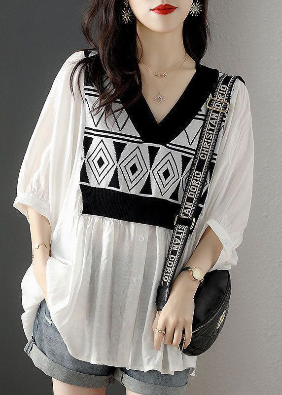 French White V Neck Knit Patchwork Cotton Fake Two Piece Shirt Top Half Sleeve LY1480