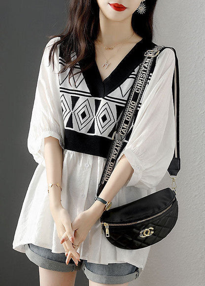 French White V Neck Knit Patchwork Cotton Fake Two Piece Shirt Top Half Sleeve LY1480