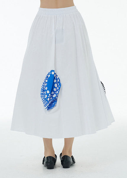 French White Wrinkled Print Decorated Patchwork Cotton Skirts Summer LY1223