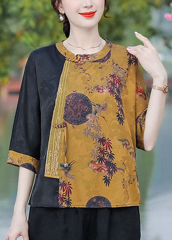 French Yellow O Neck Print Patchwork Silk Top Summer LC0275