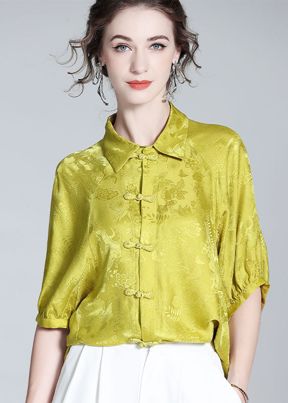 French Yellow Peter Pan Collar Patchwork Oriental Button Silk Shirt Spring LY0142