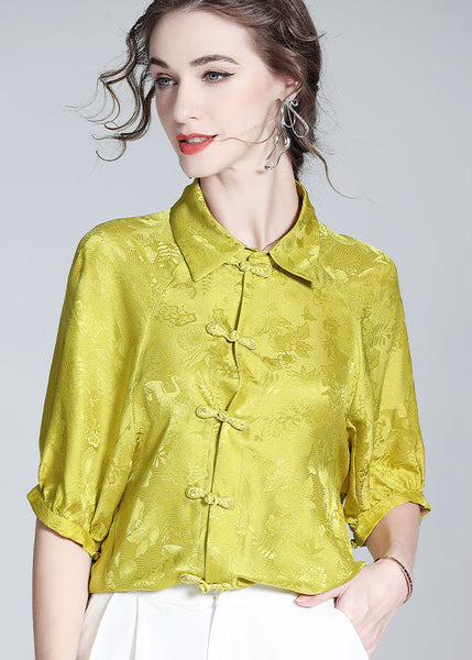 French Yellow Peter Pan Collar Patchwork Oriental Button Silk Shirt Spring LY0142