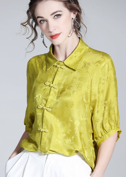 French Yellow Peter Pan Collar Patchwork Oriental Button Silk Shirt Spring LY0142