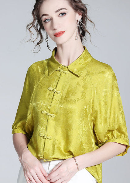 French Yellow Peter Pan Collar Patchwork Oriental Button Silk Shirt Spring LY0142