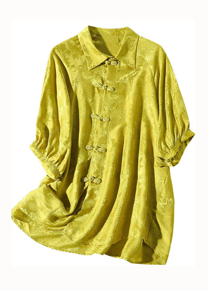 French Yellow Peter Pan Collar Patchwork Oriental Button Silk Shirt Spring LY0142