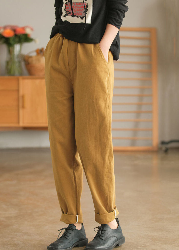 French Yellow Pockets Patchwork Cotton Straight Pants Spring LY0605