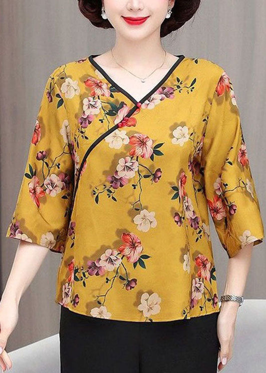 French Yellow V Neck Print Patchwork Silk Top Summer TI1019