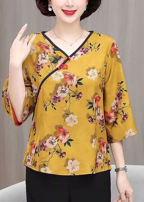 French Yellow V Neck Print Patchwork Silk Top Summer TI1019