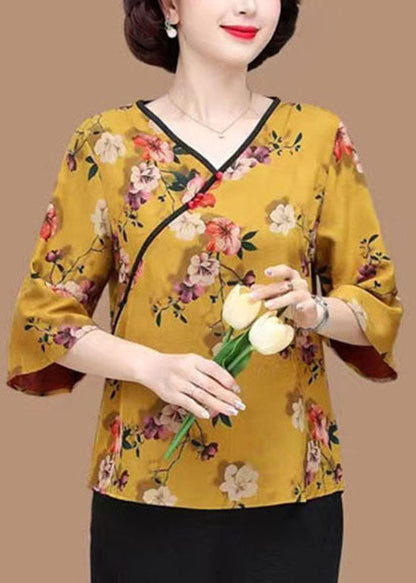 French Yellow V Neck Print Patchwork Silk Top Summer TI1019