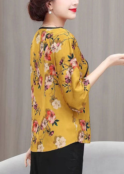 French Yellow V Neck Print Patchwork Silk Top Summer TI1019