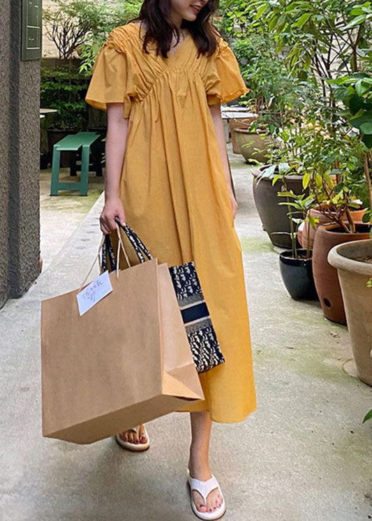 French Yellow V Neck Wrinkled Patchwork Cotton Long Dress Summer LY1352