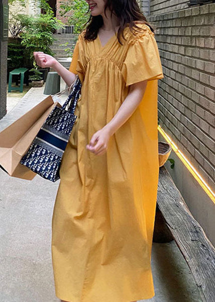 French Yellow V Neck Wrinkled Patchwork Cotton Long Dress Summer LY1352