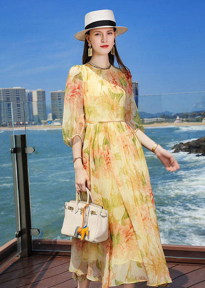 French Yellow Wrinkled Print Silk Holiday Dress Summer LC0220