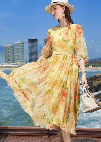 French Yellow Wrinkled Print Silk Holiday Dress Summer LC0220