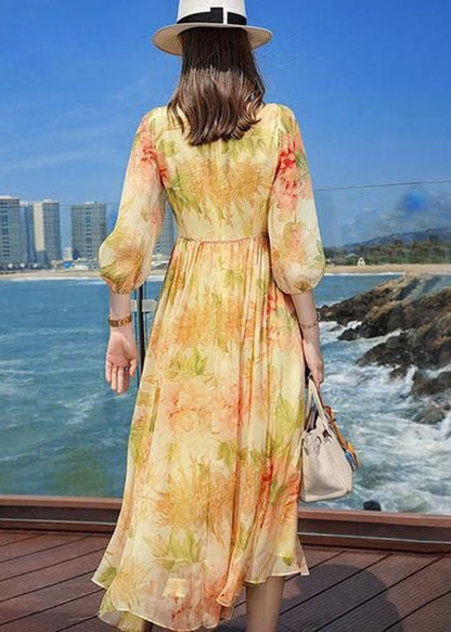 French Yellow Wrinkled Print Silk Holiday Dress Summer LC0220