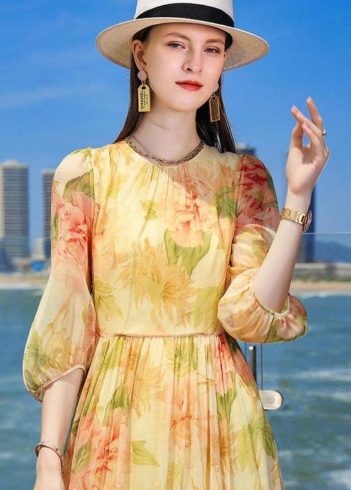 French Yellow Wrinkled Print Silk Holiday Dress Summer LC0220