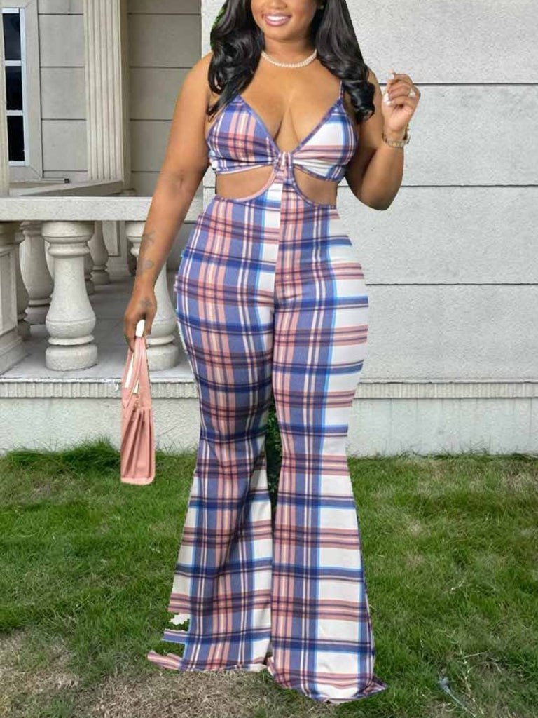 Plus Size Plaid Print Backless Flared Jumpsuit AT9044