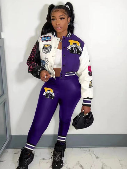 Letter Print Varsity Jacket Pants Set AR50107