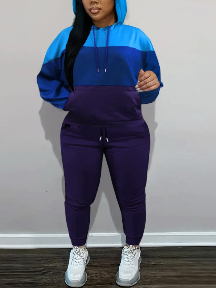 BASICS Plus Size Kangaroo Pocket Patchwork Drawstring Tracksuit Set BO2146