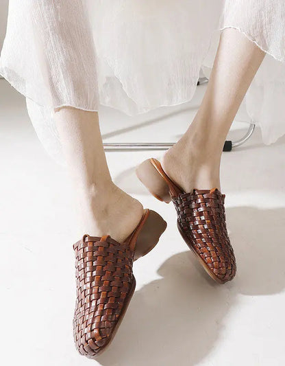 Genuine Leather Woven Slippers Wide Mules for Women Ada Fashion