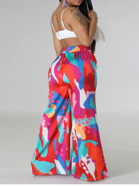 Plus Size Mixed Print Drawstring Wide Leg Pants AT8057